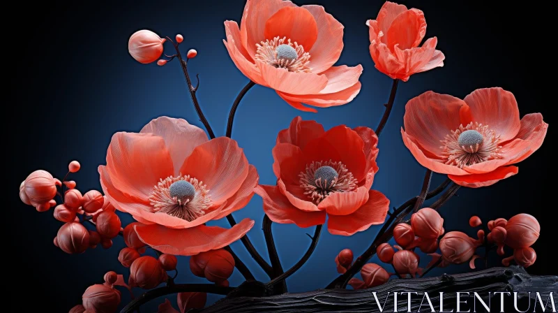 AI ART Red Poppies 3D Rendering on Dark Blue Background