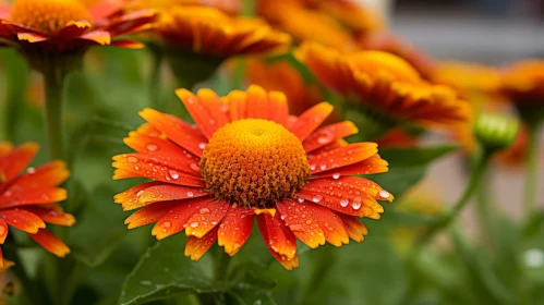 Serene Orange Flower with Raindrops: Close-up Beauty