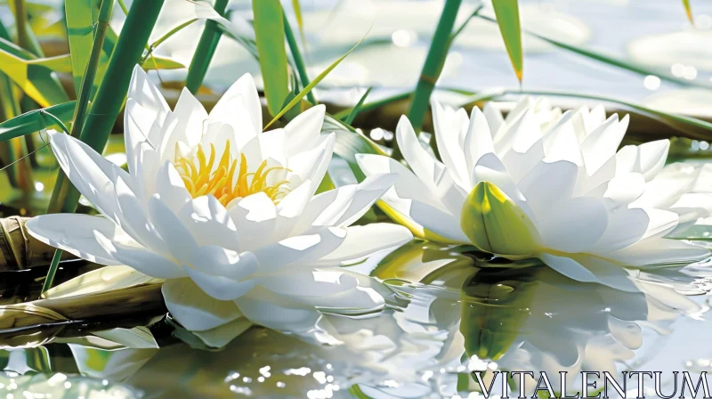 White Water Lilies in Pond: Serene Nature Close-Up AI Image