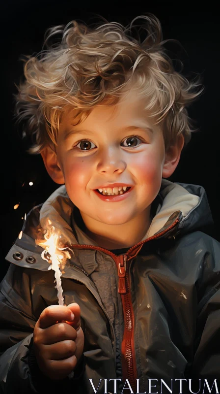 Cheerful Boy Portrait with Sparkler AI Image