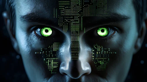 Green-Eyed Human Face with Circuit Board Pattern