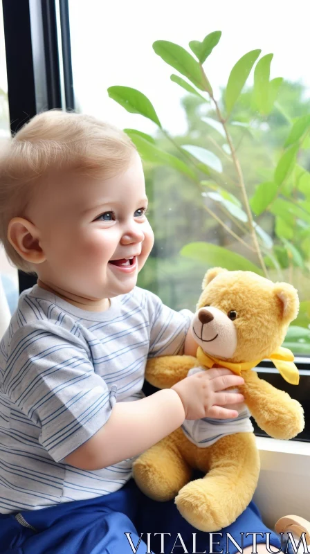 AI ART Happy Baby Boy Playing with Teddy Bear on Windowsill