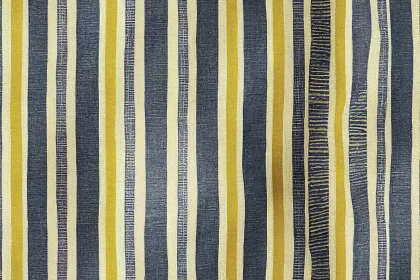 Abstract Striped Fabric: Yellow and Blue with Woodblock Print Design