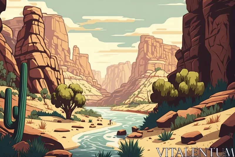 Captivating Canyon with River: Flat Shading, Retro Visuals AI Image