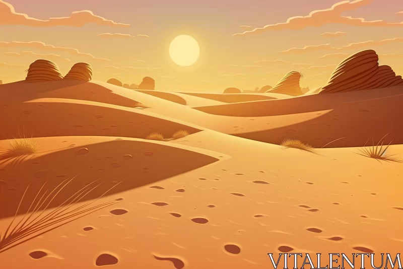 Cartoon Desert Landscape with Grass and Sun | Traditional Landscapes AI Image