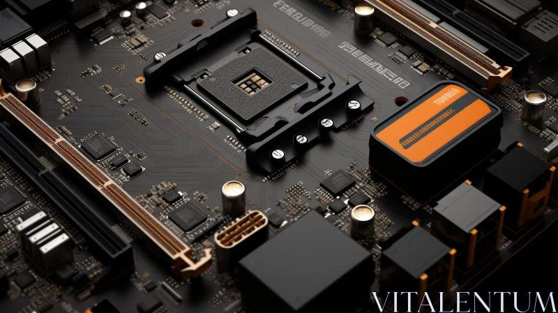 Computer Motherboard Close-Up: Black & Orange with CPU Socket AI Image