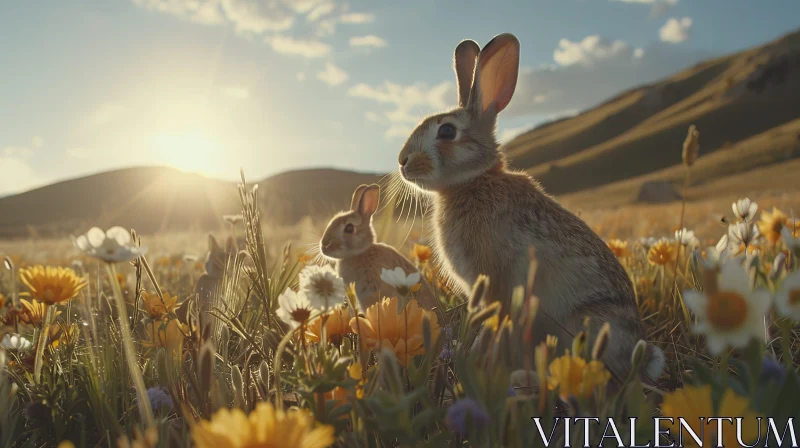 Enchanting Rabbits in a Flower Field AI Image