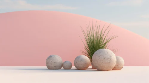 Pink Background with Plant and Rocks - 3D Rendering