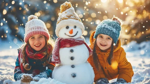 Winter Joy: Girls Building Snowman