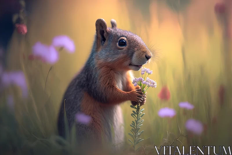 Captivating Squirrel and Flowers: A Dreamy Illustration AI Image