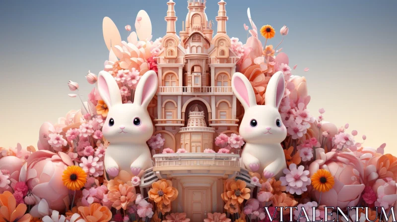 Enchanting Fairytale Castle with Rabbits - 3D Rendering AI Image