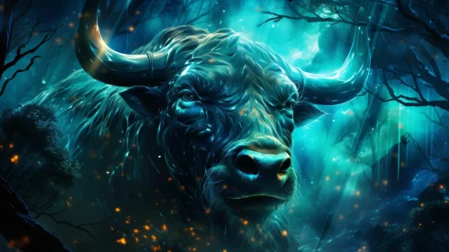 Enigmatic Bull in Glowing Forest