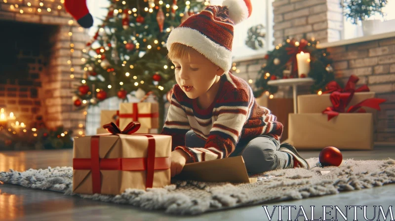Festive Christmas Scene: Child Opening Presents AI Image
