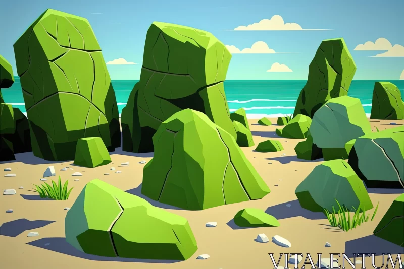 AI ART Green Rocks on Beach - Cartoonish Style Vector Illustration
