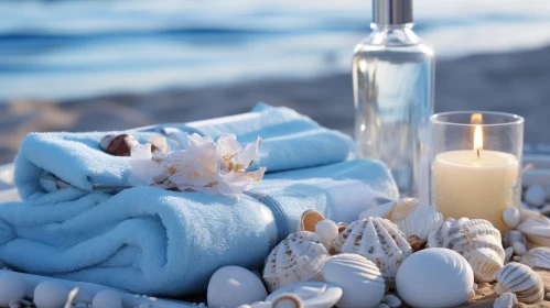 Tranquil Spa Composition with Candle, Towels, and Seashells