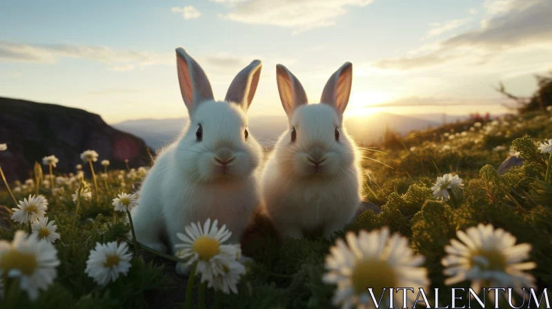 White Rabbits in Field with Daisies at Sunset AI Image