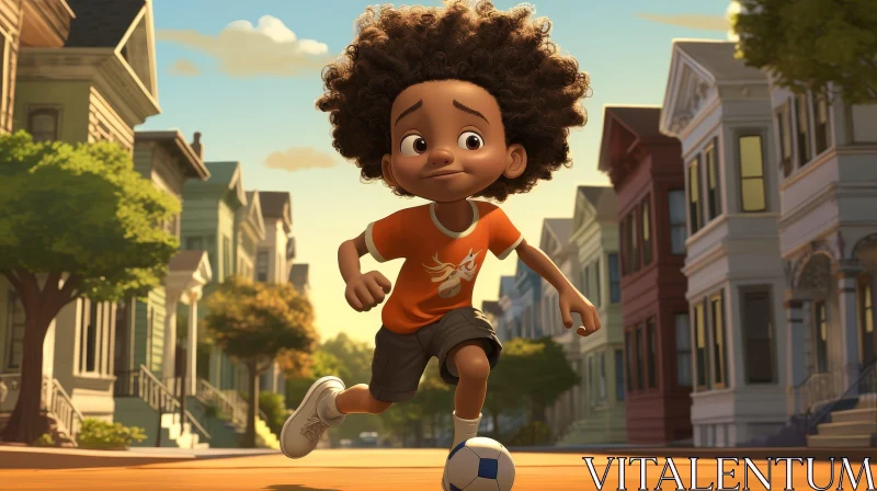 Young African-American Boy 3D Animation Running with Soccer Ball AI Image