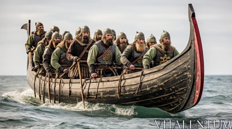 Ancient Vikings in Wooden Boat - Sea Adventure Scene AI Image
