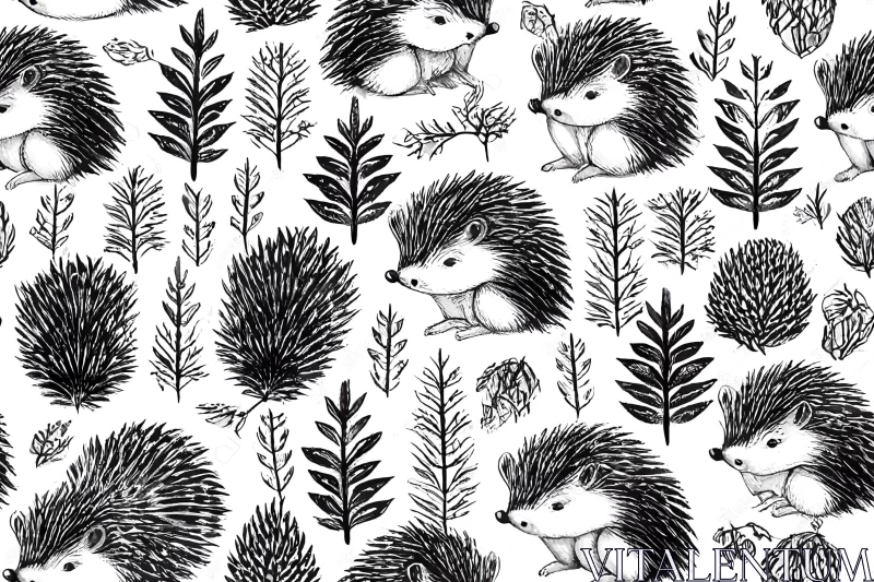 Black and White Hedgehog Pattern with Leaves | Animal Art AI Image