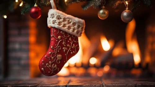 Cozy Christmas Scene with Stocking and Fireplace