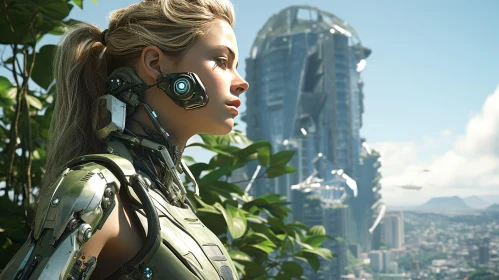 Cybernetic Woman in Green Bodysuit Stands Amid Cityscape