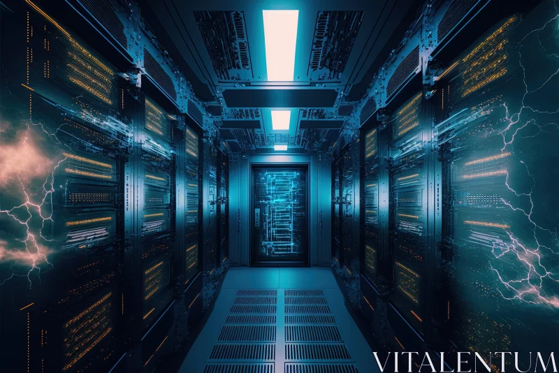 Dark Passage of Computing Servers: Hyperrealistic Cybernetic Sci-Fi Art AI Image