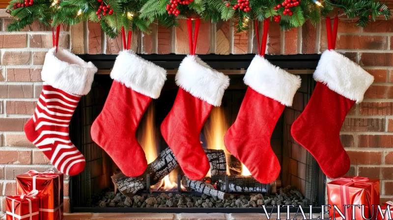Festive Christmas Scene with Stockings and Fireplace AI Image