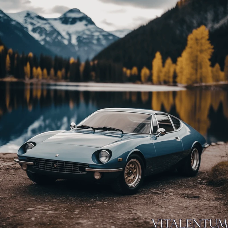 Old Blue Sports Car Parked in Front of Mountain Lake - Fine Art Photography AI Image