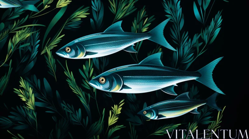 Underwater Fish Illustration in Green Seaweed AI Image