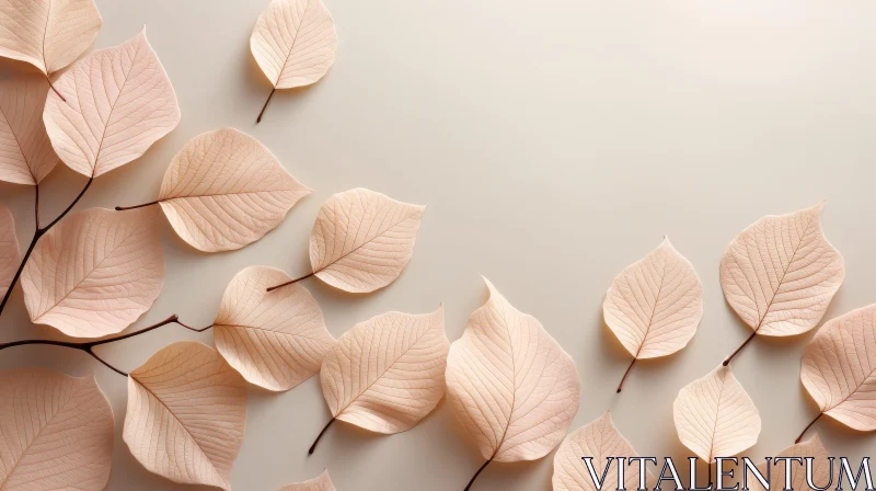 Branch with Light Pink Leaves on Beige Background AI Image