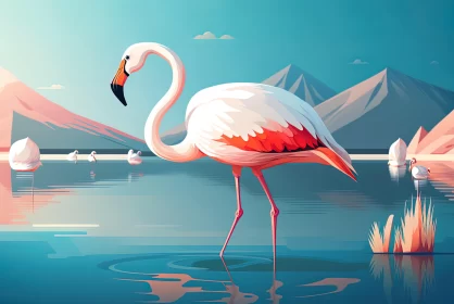 Flamingo Swimming in Lake with Mountains | Flat Illustrations