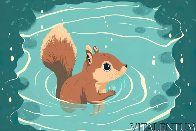 Playful Cartoonish Illustration of a Squirrel Swimming in Water AI Image