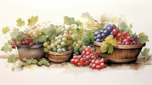 Watercolor Painting of Three Baskets of Grapes
