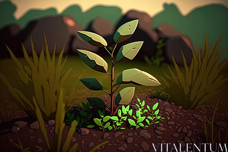 Whimsical Plant in Vibrant Field | Cartoonish Forms, Soft Light AI Image