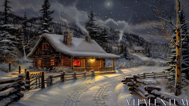 AI ART Winter Cabin in Woods - Serene Snowscape