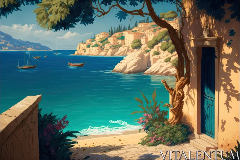 Coastal Scene Painting - Mediterranean-Inspired 2D Game Art AI Image