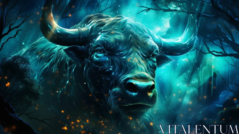 Enigmatic Bull in Glowing Forest AI Image