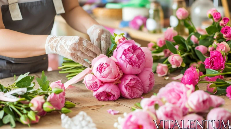 Floral Arrangement: Florist Creating Pink Peony Bouquet AI Image
