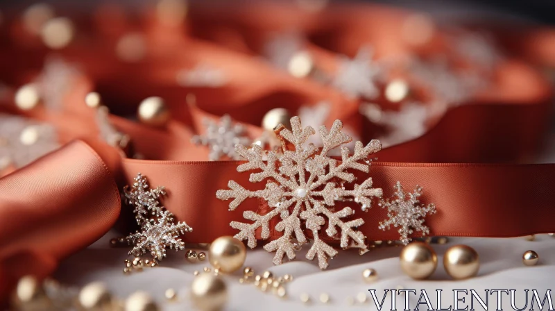 Gold Snowflake Ornament on Red Ribbon AI Image