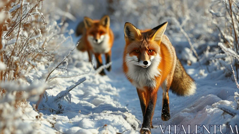 AI ART Red Foxes in Snow: Wildlife Encounter