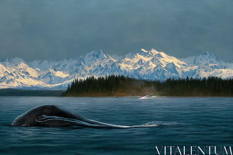 Whale Swimming in the Water with Mountain Ranges - Captivating Artwork AI Image