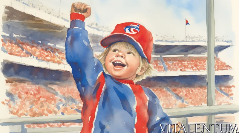 Young Boy Baseball Fan Illustration in Watercolor AI Image
