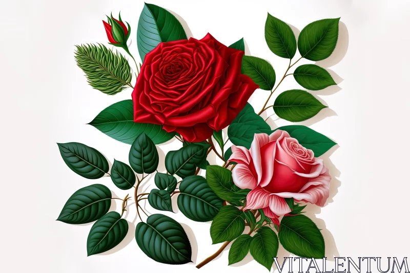 Captivating Illustration of Red Roses and Leaves on a White Background AI Image