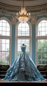 Elegant Blue Wedding Dress Displayed in a Spacious Room