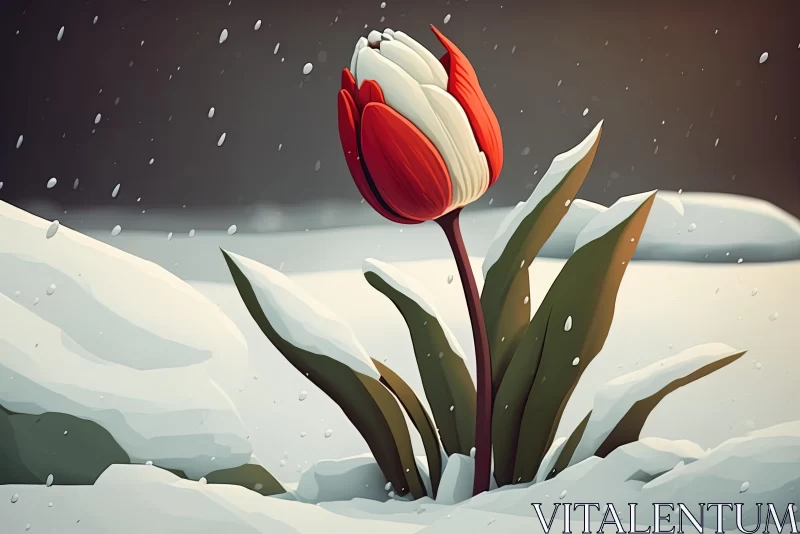 Red Tulip in Snow on Green Pasture - Cartoonish Character Design AI Image