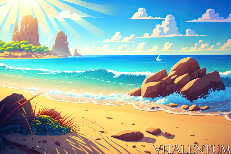 Serene Seaside Scene with Vibrant Illustrations AI Image