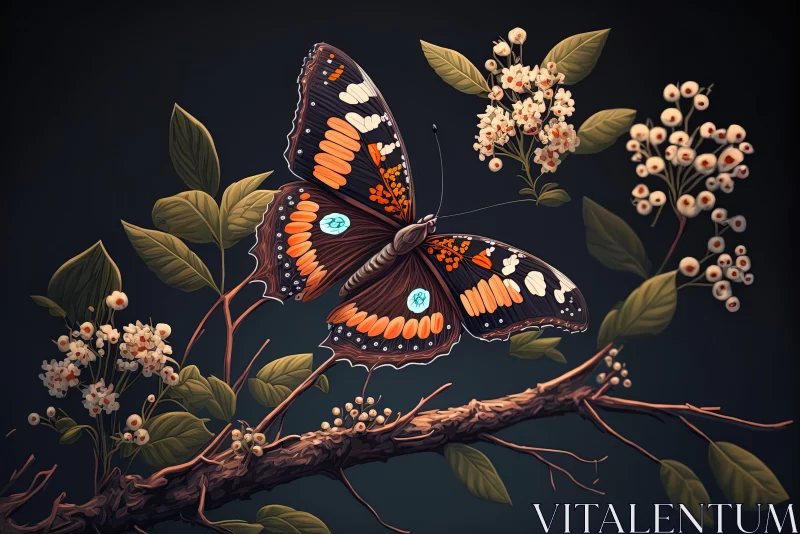Beautiful Butterfly Illustration on Branch with Leaves AI Image