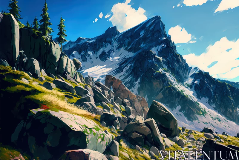 Captivating Mountain Painting with Detailed Rocks and Grass AI Image
