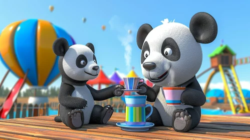 Cheerful Cartoon Pandas in Colorful Amusement Park