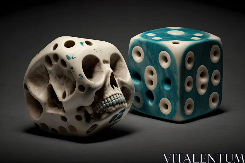 Hyper-Realistic Skull Dice Sculptures in Dark White and Teal AI Image